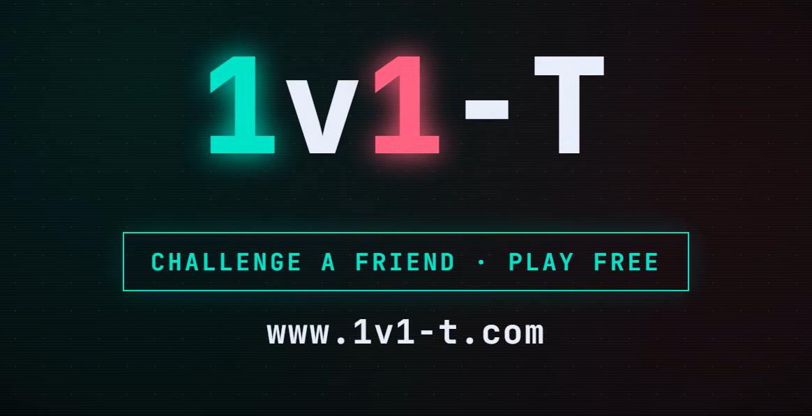 The 1v1-T logo: "Challenge a friend, play free", www.1v1-t.com