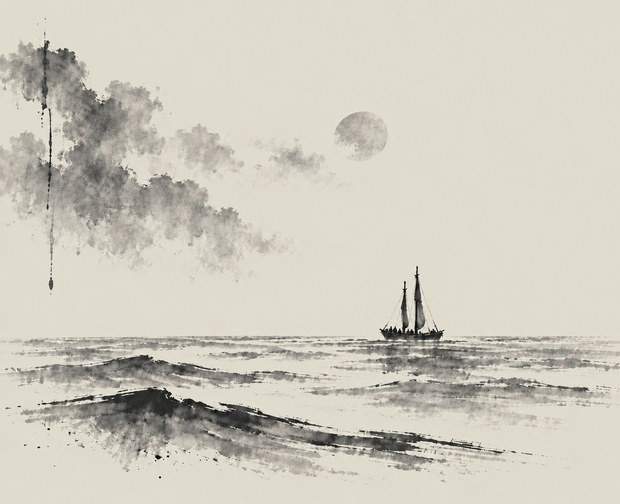Ilustración en tinta y aguada de un barco de vela de dos mástiles cruzando el mar bajo una luna pálida, con nubes oscuras y un goteo de tinta en la esquina.