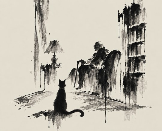 Ilustración en tinta de Iris Caladmia, la gata, observando de espaldas al señor Faveore sentado en su sillón junto a la estantería.