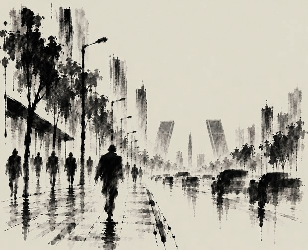 Ilustración en tinta y aguada de una avenida de la ciudad mojada por la lluvia, bordeada de árboles, con peatones caminando junto a los coches y dos torres inclinadas asomando entre la niebla.