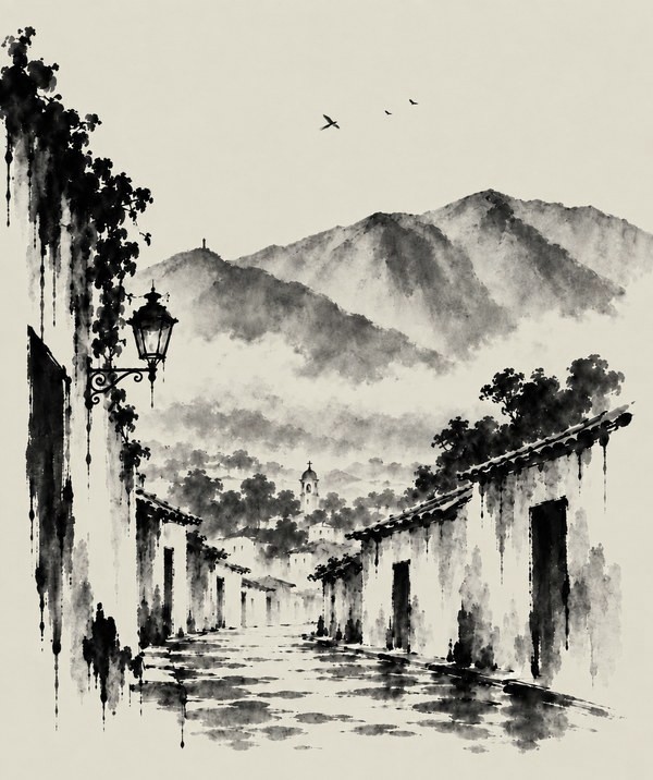 Ilustración en tinta y aguada de una calle de pueblo bordeada de casas antiguas y un farol colgante, con montañas alzándose entre la niebla al fondo.